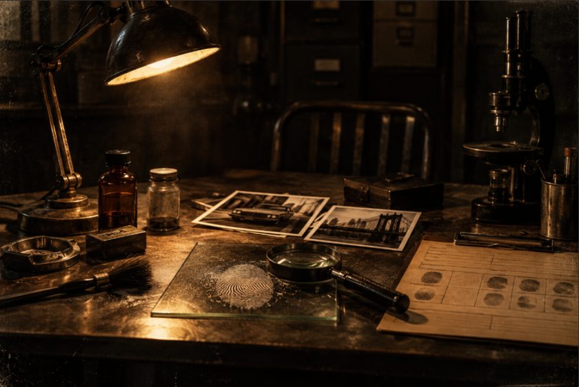 Le bureau du laboratoire : loupe, empreinte et photographies sous une lampe